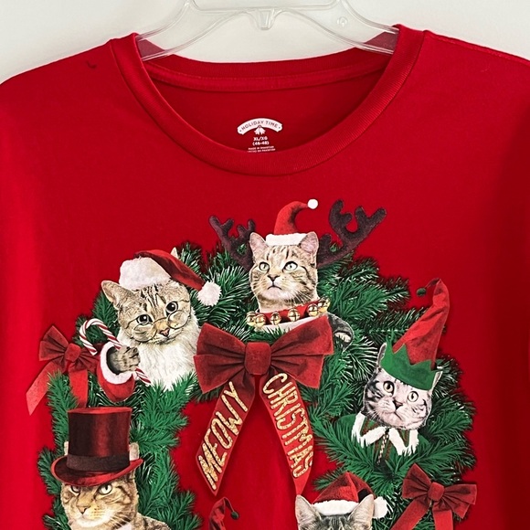 Holiday Time Meowy Christmas Cats and Ribbons Wreath T Shirt Medium (38-40) - Picture 3 of 13